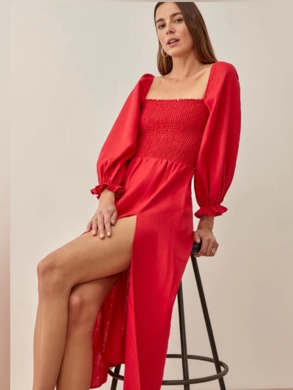 NWT Reformation Gitane Red Puff-Sleeve Smocked Midi Dress M